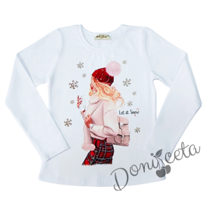 Комплект за момиче от 2 части-пола клош от трико Роси в червено и блуза с дълъг ръкав в бяло с коледна картинка 2