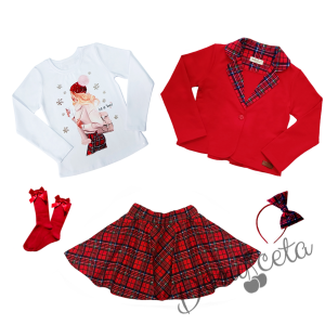 Комплект за момиче от 5 части-сако в каре, пола клош от трико Роси в каре, блуза с дълъг ръкав в бяло с коледна картинка, чорапи с панделка и диадема
