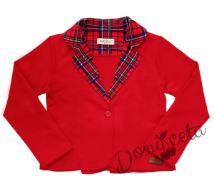 Комплект за момиче от 5 части-сако в каре, пола клош от трико Роси в каре, блуза с дълъг ръкав в бяло с коледна картинка, чорапи с панделка и диадема