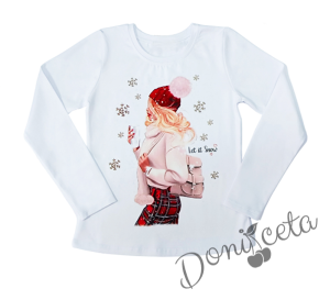 Комплект за момиче от 4 части-пола клош от трико Роси в червено, блуза с дълъг ръкав в бяло с коледна картинка, чорапи с панделка и диадема 2