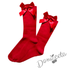 Комплект за момиче от 4 части-пола клош от трико Роси в червено, блуза с дълъг ръкав в бяло с коледна картинка, чорапи с панделка и диадема 5