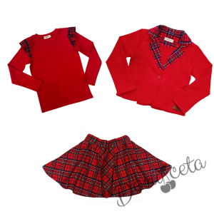 Комплект за момиче от 3 части-сако в каре,пола клош от трико Роси в каре и блуза рипс с дълъг ръкав в червено