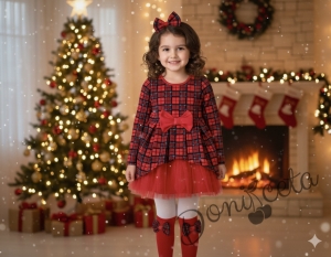 Коледна бебешка и детска рокля Надежда в каре с дълъг ръкав и тюл в червено