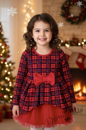Коледна бебешка и детска рокля Надежда в каре с дълъг ръкав и тюл в червено