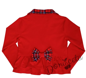 Комплект за момиче от 5 части-сако в каре, пола клош от трико Роси в каре, блуза рипс с дълъг ръкав в червено, чорапи с панделка и диадема