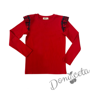 Комплект за момиче от 5 части-сако в каре, пола клош от трико Роси в каре, блуза рипс с дълъг ръкав в червено, чорапи с панделка и диадема