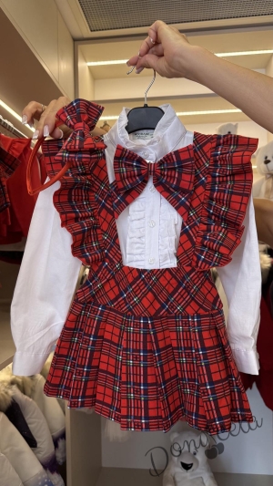 Комплект за момиче от 3 части- сукман Гери в каре с плисирана пола, риза в бяло с дълъг ръкав и къдрички и панделка в каре