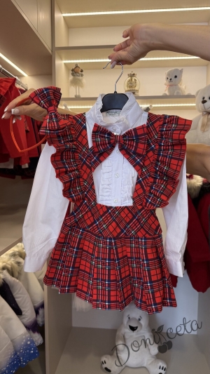 Комплект за момиче от 3 части- сукман Гери в каре с плисирана пола, риза в бяло с дълъг ръкав и къдрички и панделка в каре