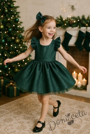 Официална детска рокля с къс ръкав с брокат в тъмнозелено с тюл с панделка и фиба с панделка
