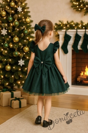 Официална детска рокля с къс ръкав с брокат в тъмнозелено с тюл с панделка и фиба с панделка