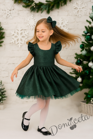 Официална детска рокля с къс ръкав с брокат в тъмнозелено с тюл с панделка и фиба с панделка