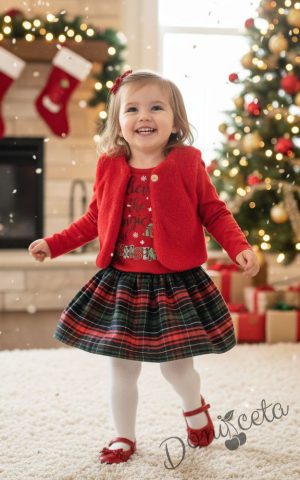 Детска коледна рокля в червено с каре с надпис Повярвай в магията на Коледа и пухкав елек в червено