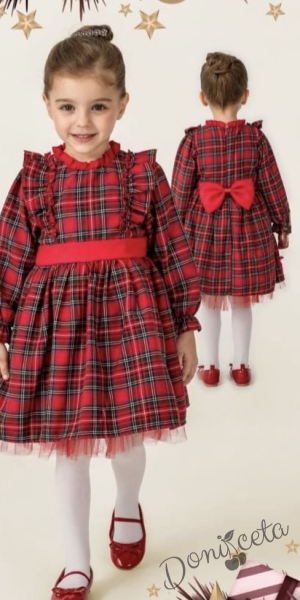 Детска коледна рокля за момиче в каре с къдрички и панделка на гърба