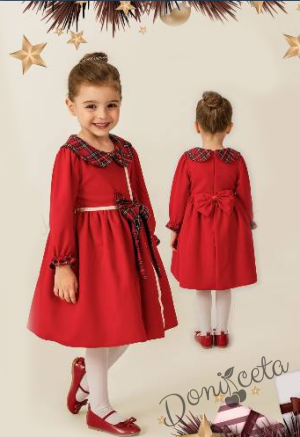 Коледна детска рокля в червено с яка в каре и панделка на гърба 2