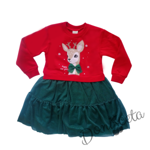 Детска коледна ватирана рокля в червено с картинка на еленче с блестящ тюл в зелено