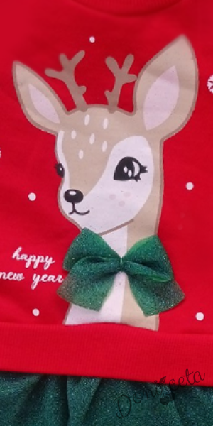 Детска коледна ватирана рокля в червено с картинка на еленче с блестящ тюл в зелено