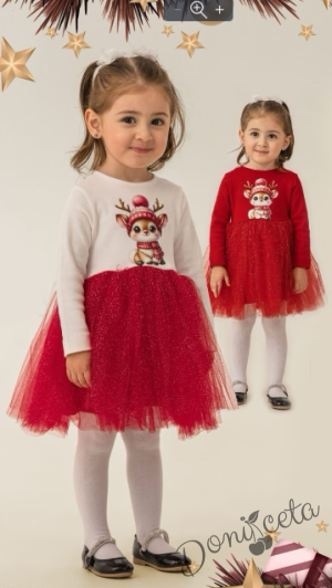 Коледна детска рокля в бяло със сладка картинка на еленче и блестящ тюл в червено