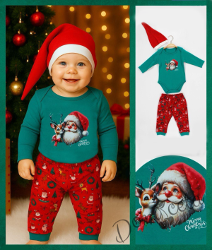  Бебешки коледен комплект от боди в зелено с картинка на Дядо Коледа, панталонки с коледни мотиви и шапка 2