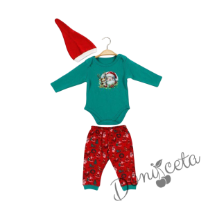  Бебешки коледен комплект от боди с коледна картинка в зелено, панталонки с коледни мотиви и шапка 2
