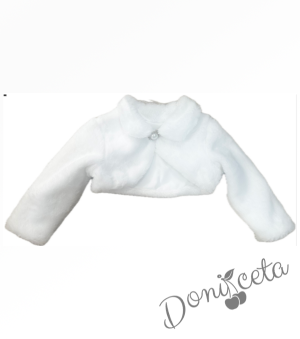 Детска коледна рокля в бяло на сиви снежинки с тюл и коланче и пухкаво болеро в бяло