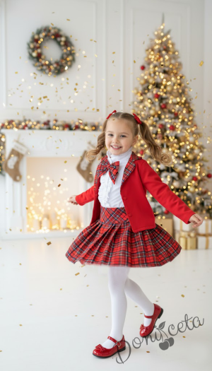 Комплект за момиче от 4 части - сако в червено с каре, пола каре, риза с дълъг ръкав в бяло с къдрички и панделка в каре