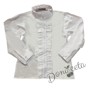 Комплект за момиче от 4 части - сако в червено с каре, пола каре, риза с дълъг ръкав в бяло с къдрички и панделка в каре