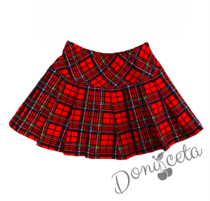 Комплект за момиче от 4 части - сако в червено с каре, пола каре, риза с дълъг ръкав в бяло с къдрички и панделка в каре