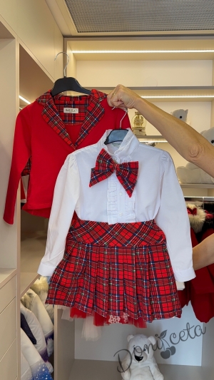 Комплект за момиче от 4 части - сако в червено с каре, пола каре, риза с дълъг ръкав в бяло с къдрички и панделка в каре