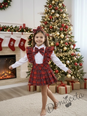 Комплект за момиче от 3 части- сукман Гери в каре с плисирана пола, риза в бяло с дълъг ръкав и къдрички и панделка в каре