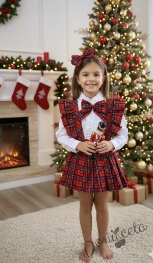 Комплект за момиче от 3 части- сукман Гери в каре с плисирана пола, риза в бяло с дълъг ръкав и къдрички и панделка в каре