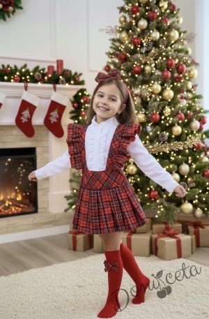 Комплект за момиче от 3 части- сукман Гери в каре с плисирана пола, риза в бяло с дълъг ръкав и къдрички и панделка в каре