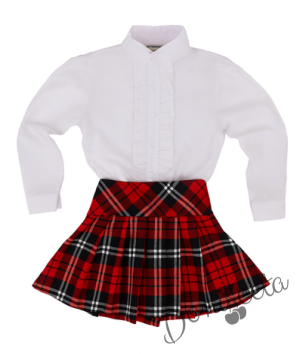 Комплект от 2 части-плисирана пола в червено и тъмносиньо и риза с дълъг ръкав с висока яка