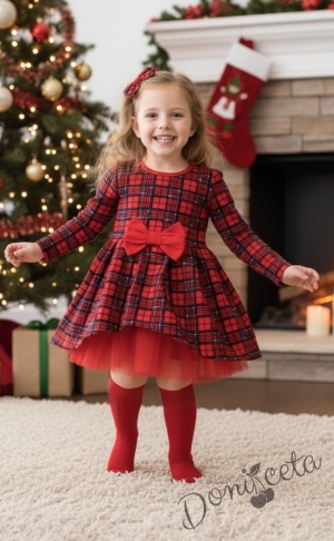 Коледна бебешка и детска рокля Надежда в каре с дълъг ръкав и тюл в червено