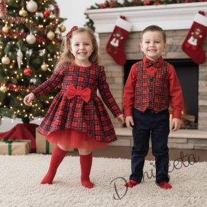 Коледна бебешка и детска рокля Надежда в каре с дълъг ръкав и тюл в червено