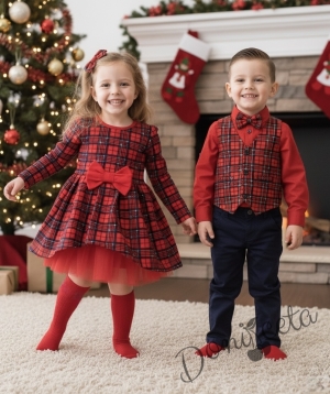  Комплект от 4 части-детска риза с дълъг ръкав  в червено за момче с елек в каре, папийонка и панталон