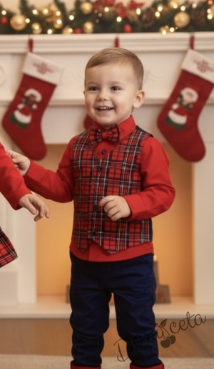  Комплект от 4 части-детска риза с дълъг ръкав  в червено за момче с елек в каре, папийонка и панталон