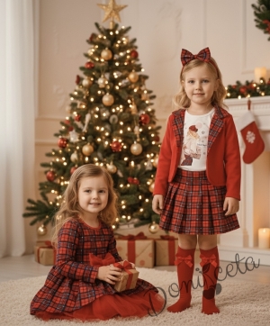 Коледна бебешка и детска рокля Надежда в каре с дълъг ръкав и тюл в червено