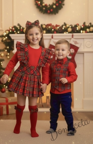 Комплект за момиче от блуза в  червено с къдрички и сукман в каре