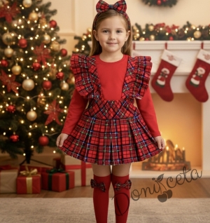 Комплект за момиче от блуза в  червено с къдрички и сукман в каре