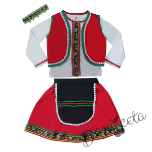 Дамска или детска народна носия 57 с косичник за глава-риза, пола, елек, косичник и черна престилка с фолклорни/етно мотиви 