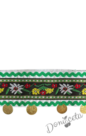 Дамска или детска народна носия 57 с косичник за глава-риза, пола, елек, косичник и черна престилка с фолклорни/етно мотиви 