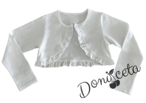 Детска коледна рокля в бяло на сиви снежинки с тюл и коланче и памучно бяло болеро 2