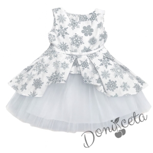 Детска коледна рокля в бяло на сиви снежинки с тюл и коланче и памучно бяло болеро 3