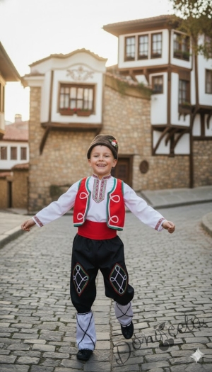 Мъжка или детска народна носия за момче 100 с калпак с фолклорни/етно мотиви, с елек и пояс в червено, гети и калпак