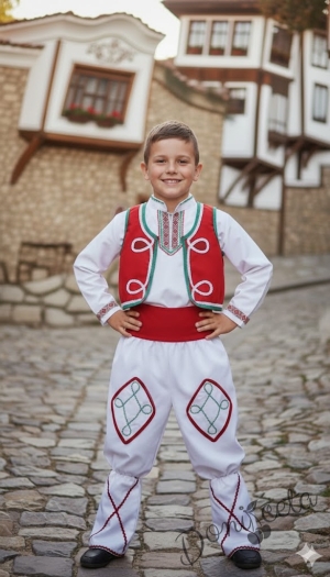 Мъжка или детска народна народна носия за момче 98 с фолклорни/етно мотиви, с елек и пояс в червено и гети в червено