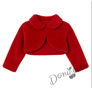 Детска коледна рокля в бяло на червени снежинки с тюл и коланче и пухкаво болеро в червено