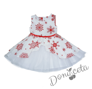 Детска коледна рокля в бяло на червени снежинки с тюл и коланче и пухкаво болеро в червено