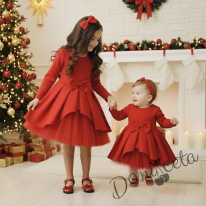  Официална детска рокля от плат Мариска с дълъг ръкав в червено с тюл 