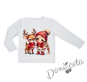Детски комплект от блуза в бяло с момиченце и еленче и къси панталонки в червено