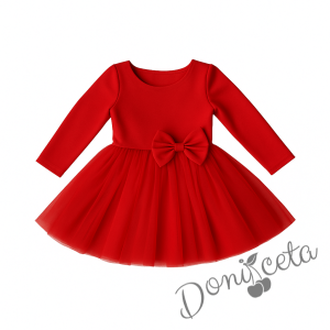  Официална детска рокля с дълъг ръкав Дантеса в червено с богат тюл  